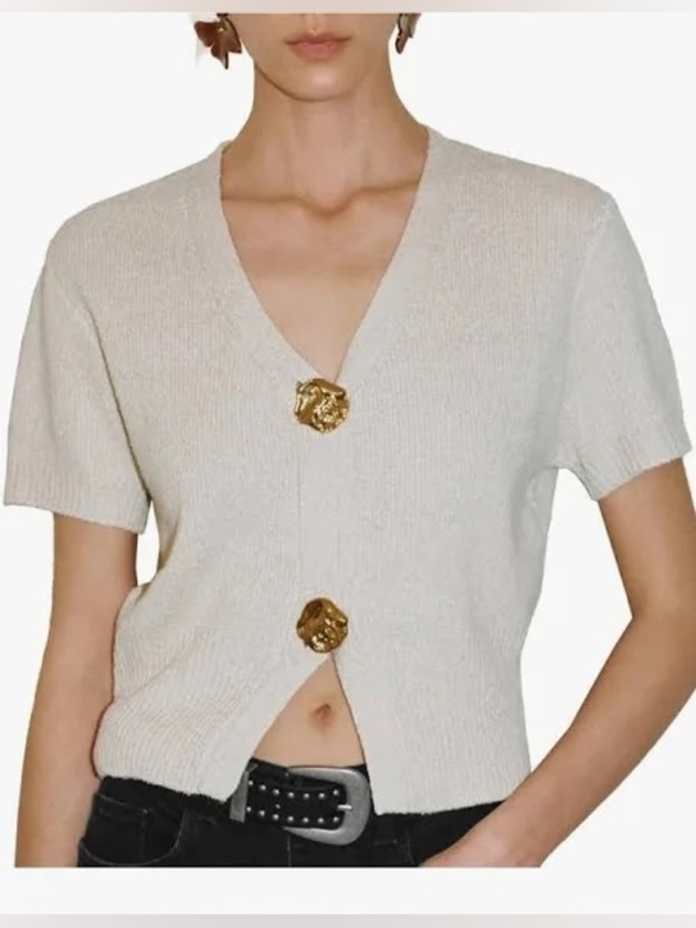 Short Sleeve Cream V-Neck Sweater with Decorative Gold Buttons
